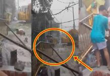 Little Boy Swept Away By Strong Floodwaters On A Road Under Construction