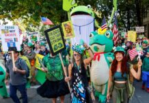 Why US activists are wearing inflatable frog costumes at protests against Trump